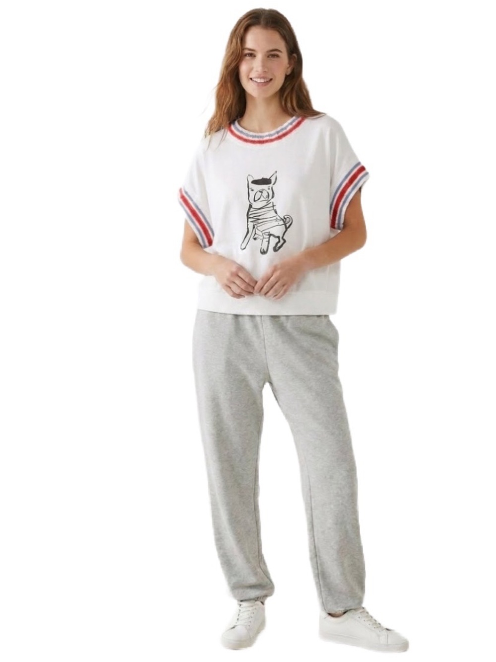 Anthropologie Daily Practice Oversized White “Pup” Tee with Knit Trim Size S